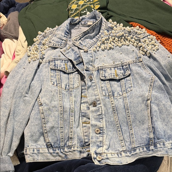 Amazon Basics Jackets & Blazers - Pearl Embellished Light Blue Denim Jacket